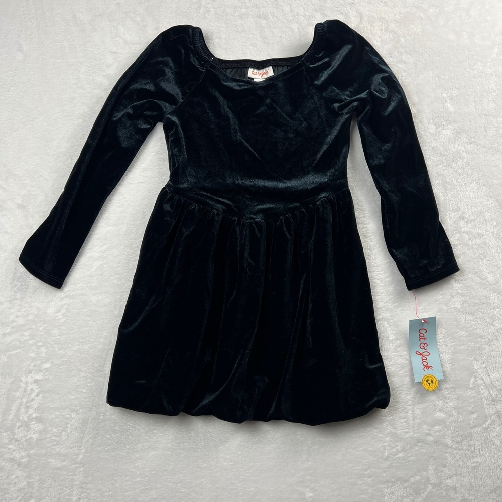 NWT Cat & Jack Girls Black Velvet Bubble Hem Dress XS 4/5 Long Sleeve Holiday